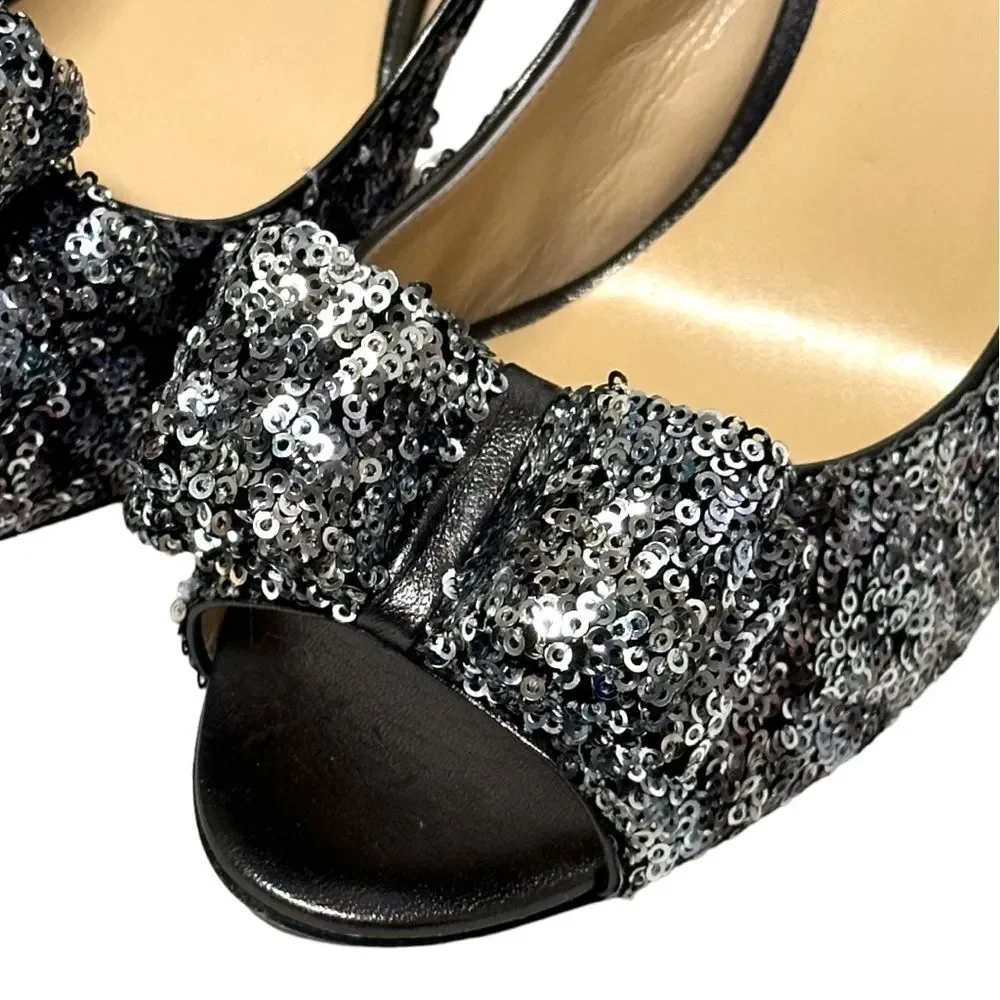 KATE SPADE Charm Micro Sequin Silver Slingback Pumps Heels Peep Toe Bow 8